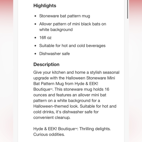 HYDE & EEK NWT Halloween stoneware mini bat pattern mug -16oz -cream/black - Picture 4 of 5